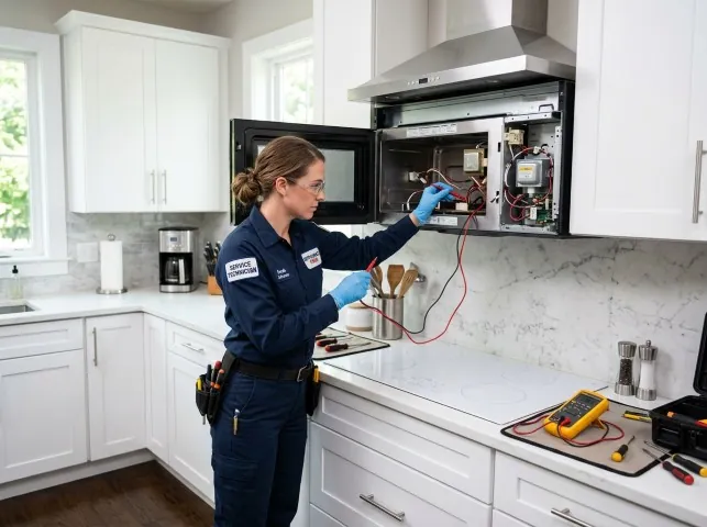 Appliance Repair Hero technician testing an over-the-range microwave in a Bonita, CA kitchen